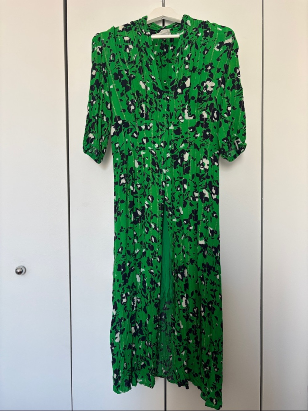 ba&sh Green Floral V-Neck Pleated Midi Dress